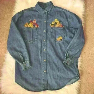 90’s Solutions Denim Button Down Harvest Sunflowers & Scarecrow Fall Embroidery